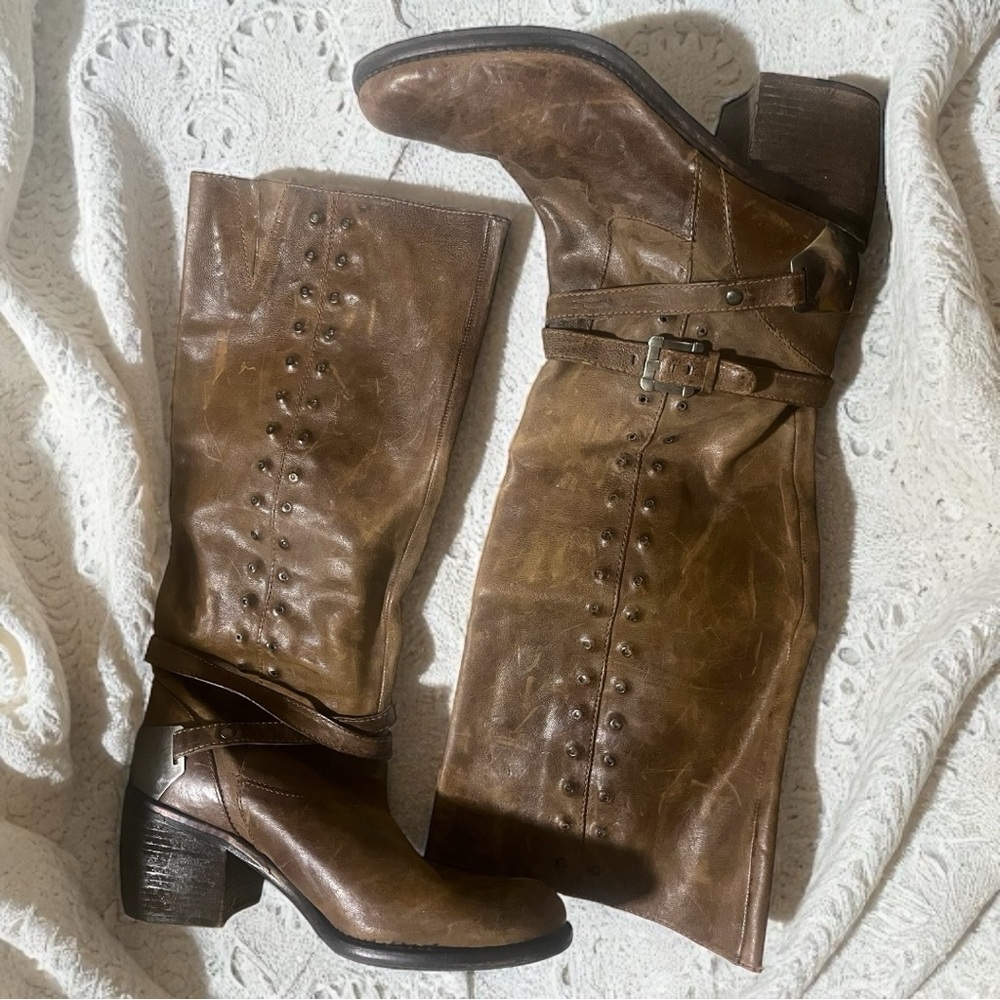 Donald J Pliner Brown Leather Studded Western Boho Riding Tall Boots Size 9